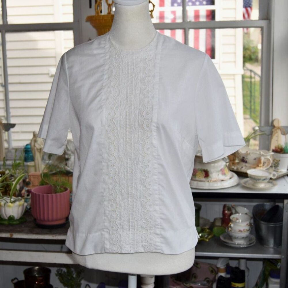 Vintage 1960s Allen Bennington White Lace Bib Blouse 70s Cottagecore Size Medium